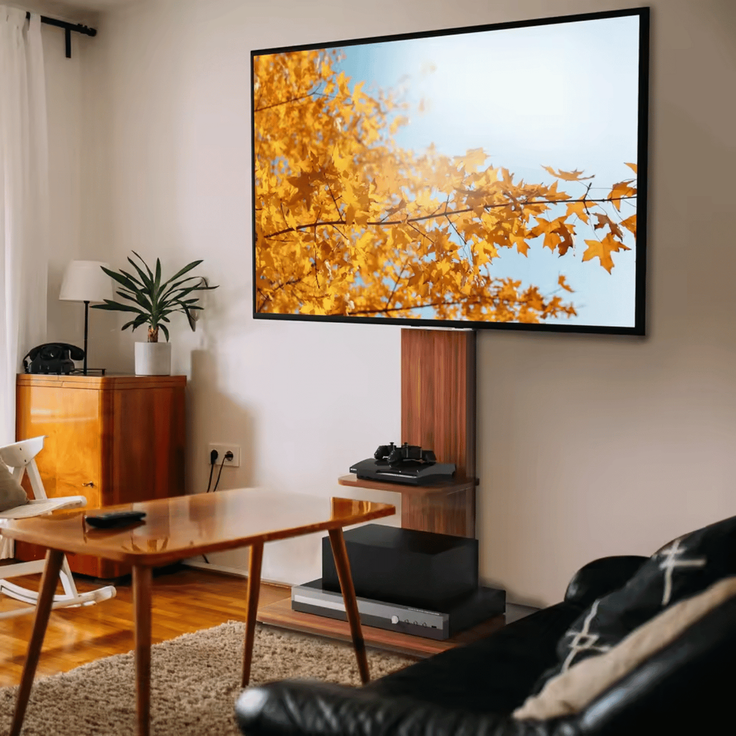 WoodStand 718 – Support TV sur Pied Design avec Étagères 32" à 65"