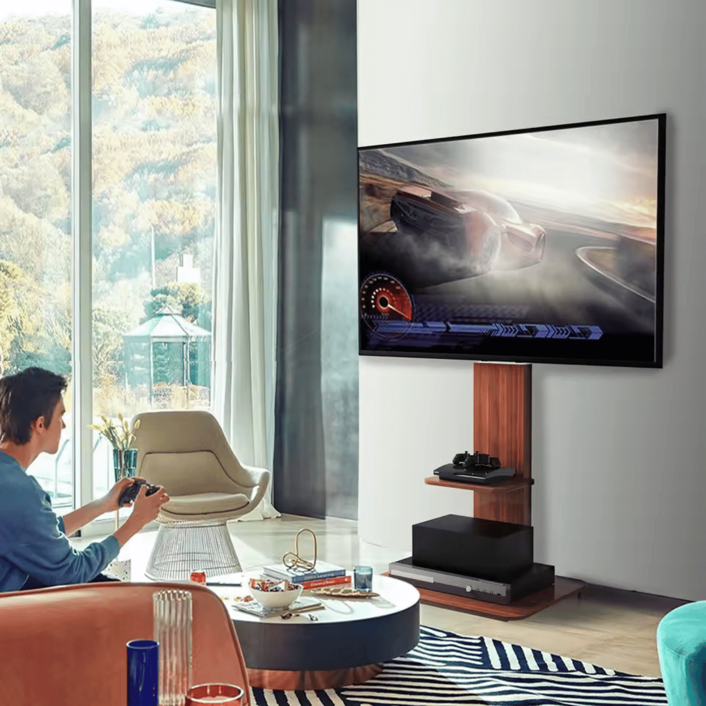WoodStand 718 – Support TV sur Pied Design avec Étagères 32" à 65"