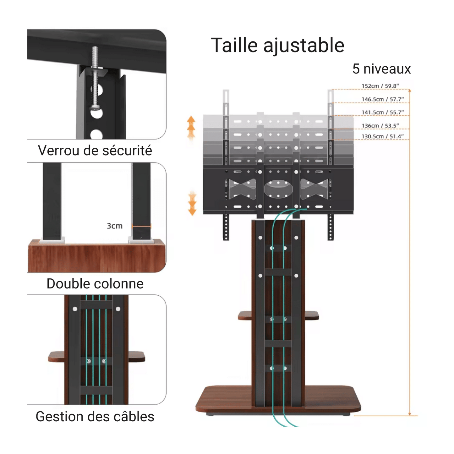 WoodStand 718 – Support TV sur Pied Design avec Étagères 32" à 65"