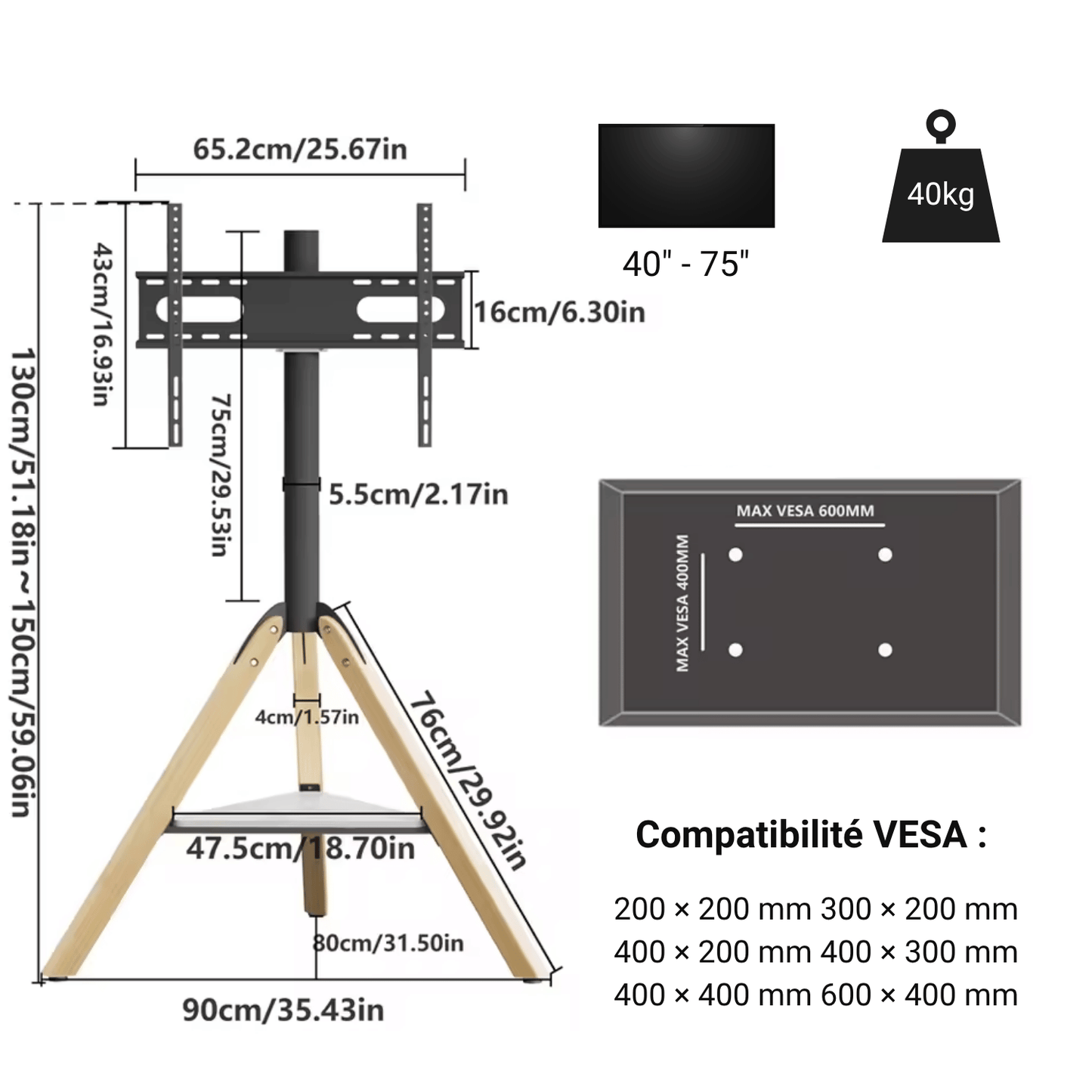 WoodFrame 75 – Support TV Trépied Chevalet Design Réglable (40" à 75")