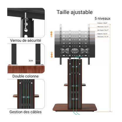 WoodStand 718 – Support TV sur Pied Design avec Étagères 32" à 65"
